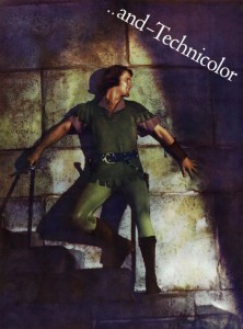 Errol Flynn as he appears in THE ADVENTURES OF ROBIN HOOD, 1938. This image is from an advertisement for the film that appeared in the trade papers.