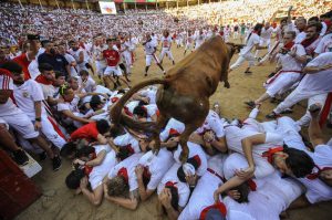 A cow jumping over revelers during the cow's festival at the swcond running of the bulls at the San Fermin Festival, in Pamplona, northern Spain, Friday, July 8, 2016. Revelers from around the world arrive to Pamplona every year to take part in some of the eight days of the running of the bulls. (AP Photo/Alvaro Barrientos)